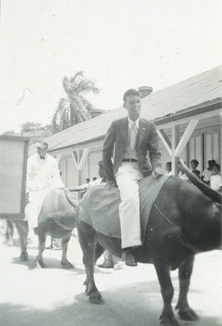 Bill Taylor in1935 Water Buffalo parade, Agana, Guam.