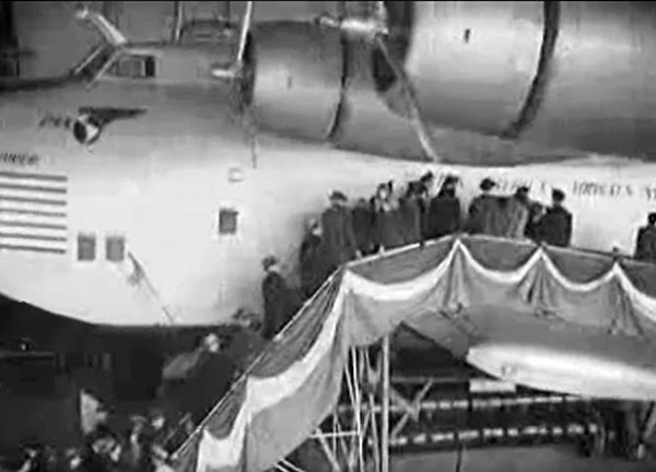 Footage of Pan Am's Boeing 314 Yankee Clipper at the opening of the Marine Air Terminal LaGuardia
