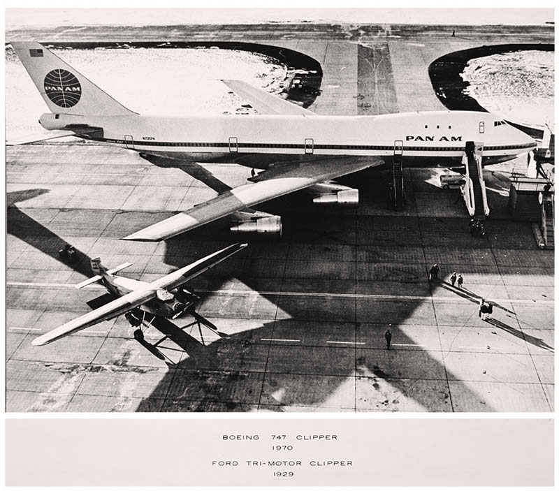 Comparison of Pan Am Boeing 747 Clipper 1970 and Ford Trimotor Clipper 1929. From Juan Trippe's personal collection, courtesy of Ed Trippe.