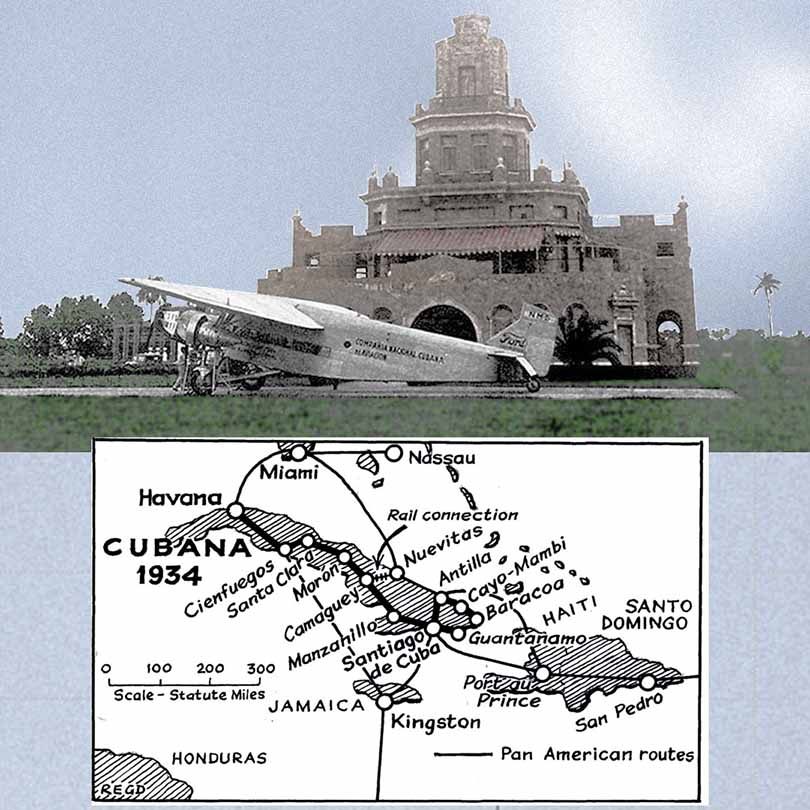 Cubana Ford at Rancho Boyeros Airport Havana, early 1930s and map of routes by R.E.G. Davies