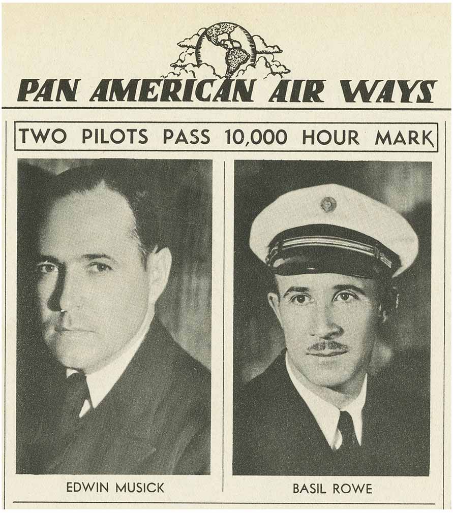 Portraits of Ed Musick (left) and Basil Rowe (rights) " Two Pilots Pass 10000 Hour Mark" (Pan American Air Ways October 1933.)
