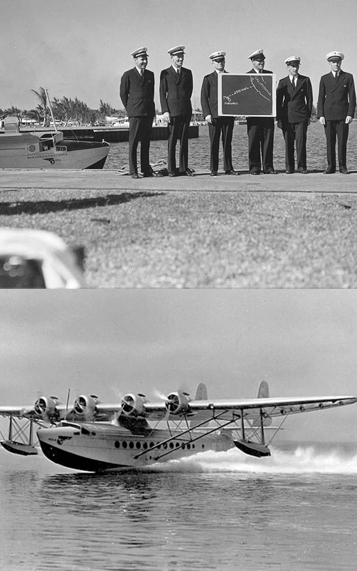 Dinner Key, Miami: Ed Musick and his crew hold up a map of the Pacific before taking off for Acapulco and California, March 27, 1935.