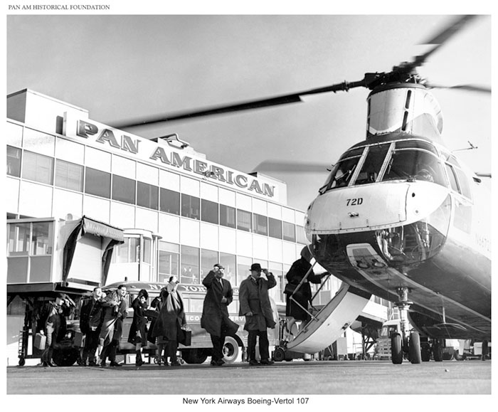 New York Airways picks up Pan Am passengers to board its Boeing Vertol 107 helicopter