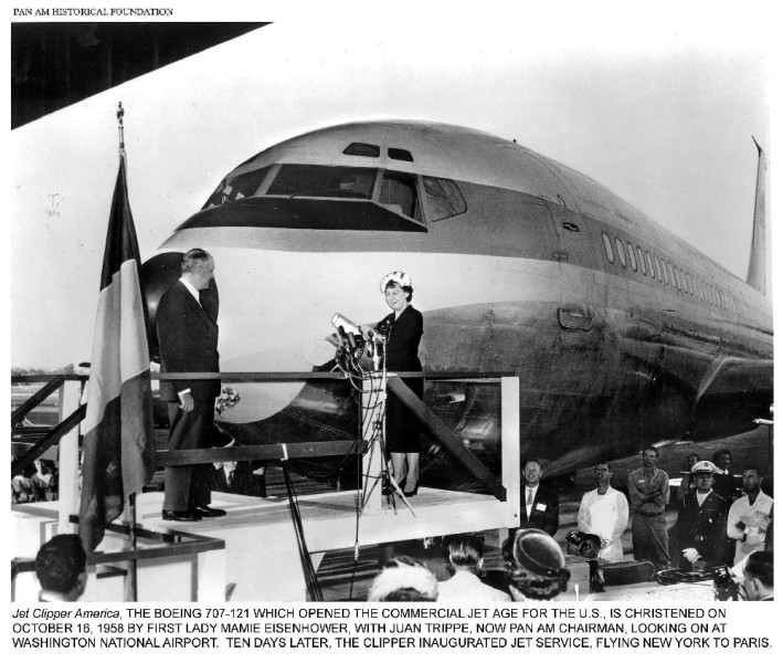 Pan Am President Juan Trippe and Mamie Eisenhower christening the first Boeing 707, October, 1958