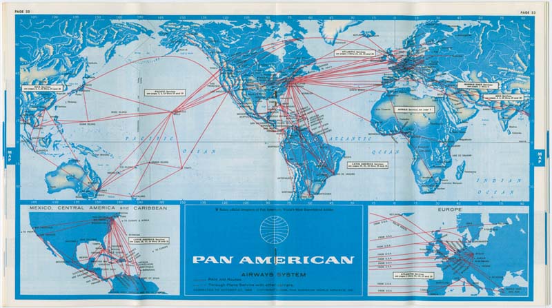 University of Miami: Pan American World Airways route map from 1968 timetable the year Juan Trippe founder of Pan American World Airways retired from the company