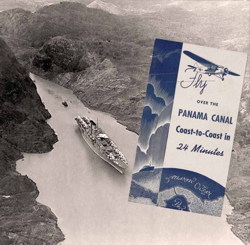 1932 Record Flight 24 minutes "Fly Over the Panama Canal" brochure.  USS Saratoga in Panama