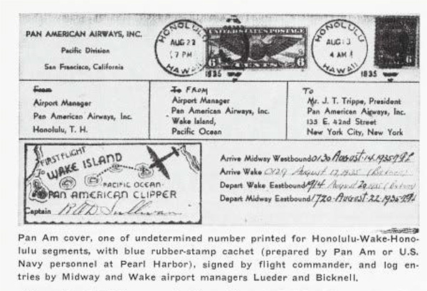 Wake Cachet, Aug. 1935, mailed from Honolulu to Juan Trippe in New York City (Courtesy of John Johnson).